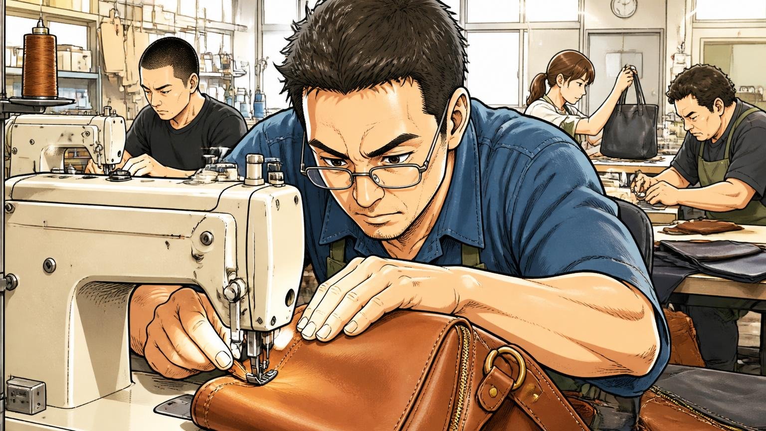 1994年スタート、大阪の自社工場で作る日本のバッグブランド、大阪の縫製工場で職人がミシンでバッグを縫い上げる場面