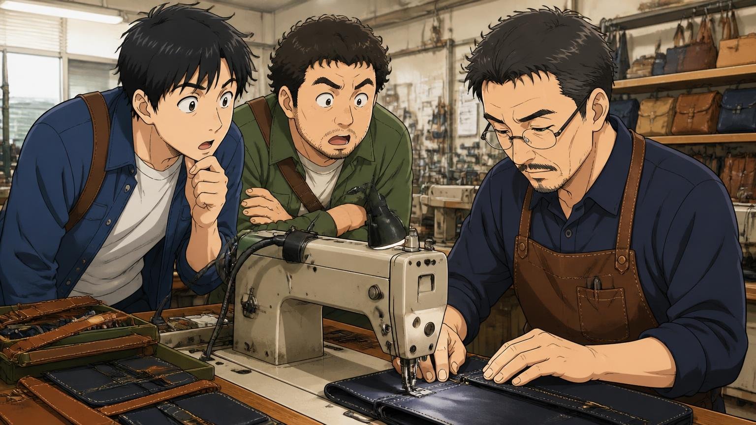 運営会社・歴史・生産体制の違い 鞄工場の作業台で職人がミシンを踏む様子に見入る男性客2人と職人1人