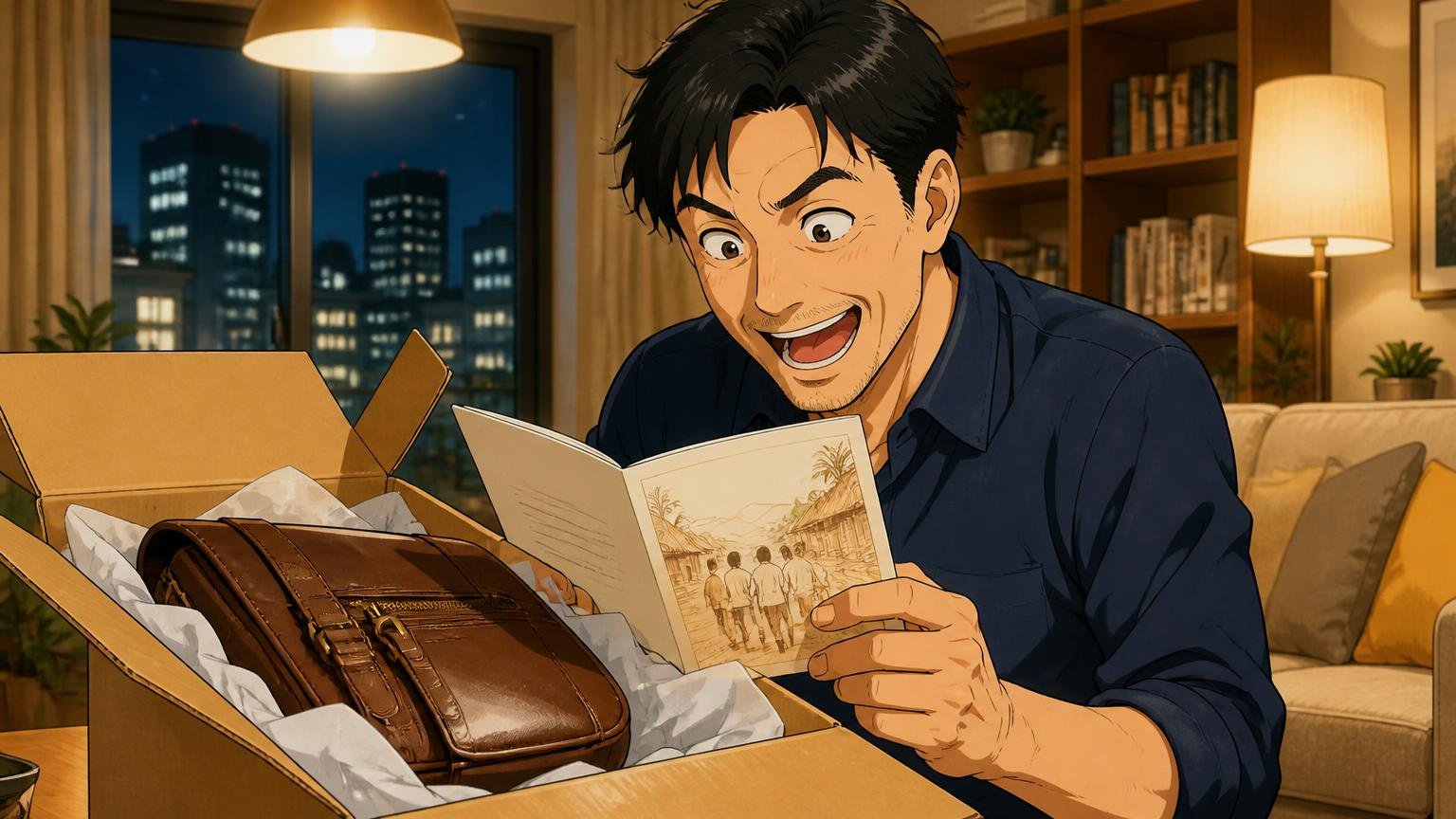 「途上国から世界に通用するブランドをつくる」という物語 夜のリビングで届いたバッグの箱を開け同封の冊子を読む40代男性が目を輝かせる場面