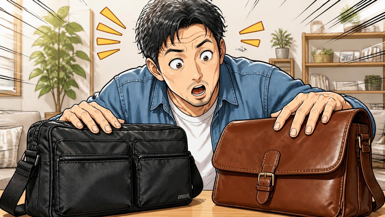 素材の違い：ナイロン中心のポーターと革中心の土屋鞄。明るい自宅のリビングでナイロンと革のバッグを並べ、手ざわりを比べて驚く40代男性1人