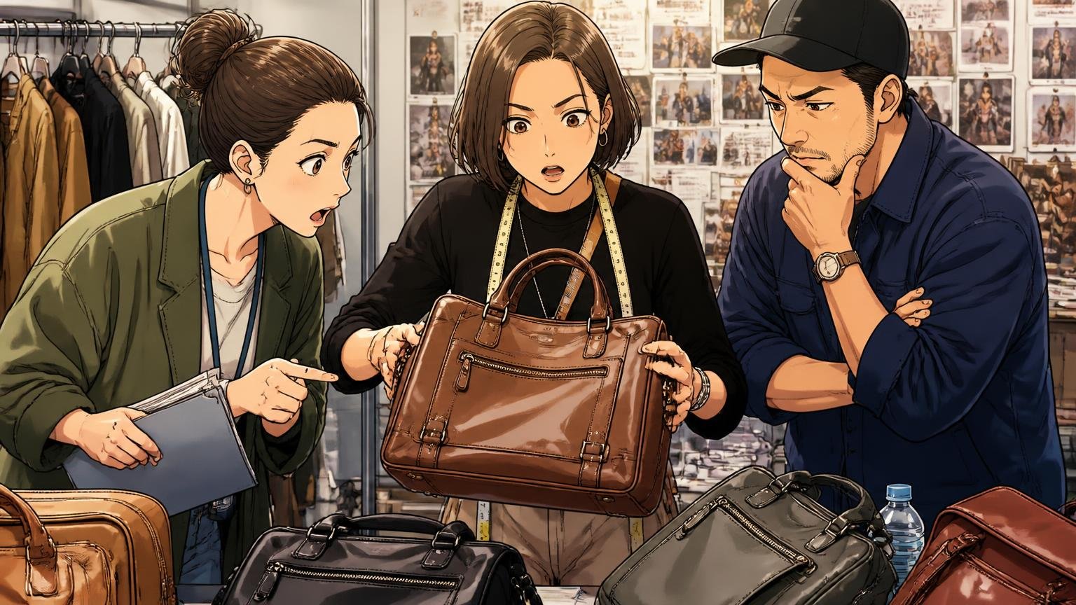 公式が「衣装協力」として毎シーズン発表している ドラマの撮影現場でバッグを選ぶ場面 スタイリストの女性と男性スタッフの3人 革バッグを手に真剣に相談する