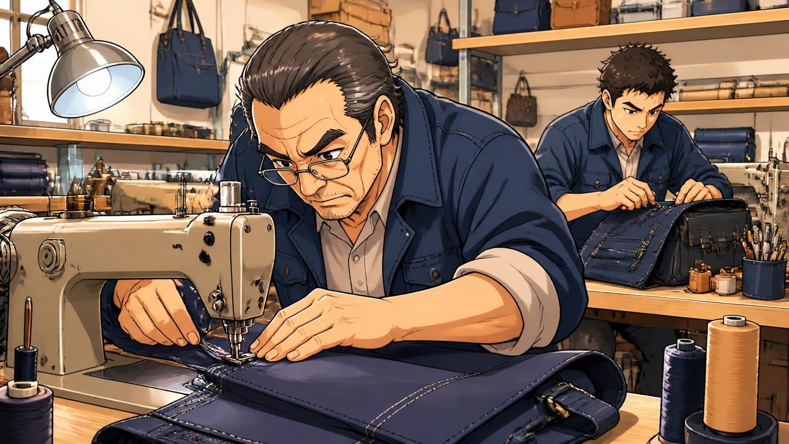 1935年創業、90年続く日本のカバンメーカー|カバン工房の作業台でナイロン生地を縫う場面、職人2人が真剣な表情で手を動かす