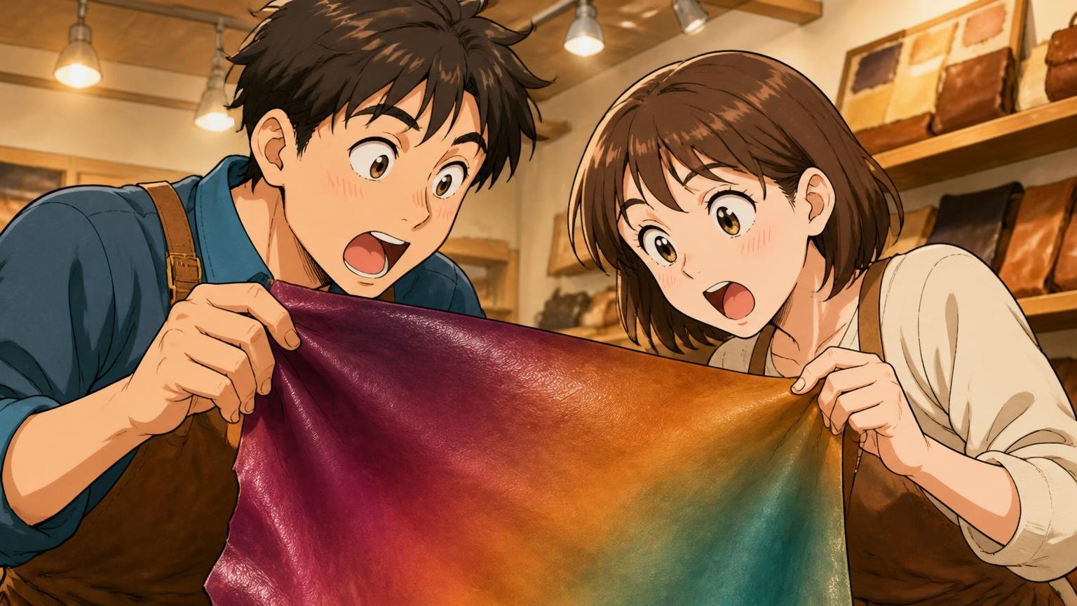 手染めのグラデーションに「思ったより良い色」という声、ショップの照明の下で革の色を確かめ驚く男女2人