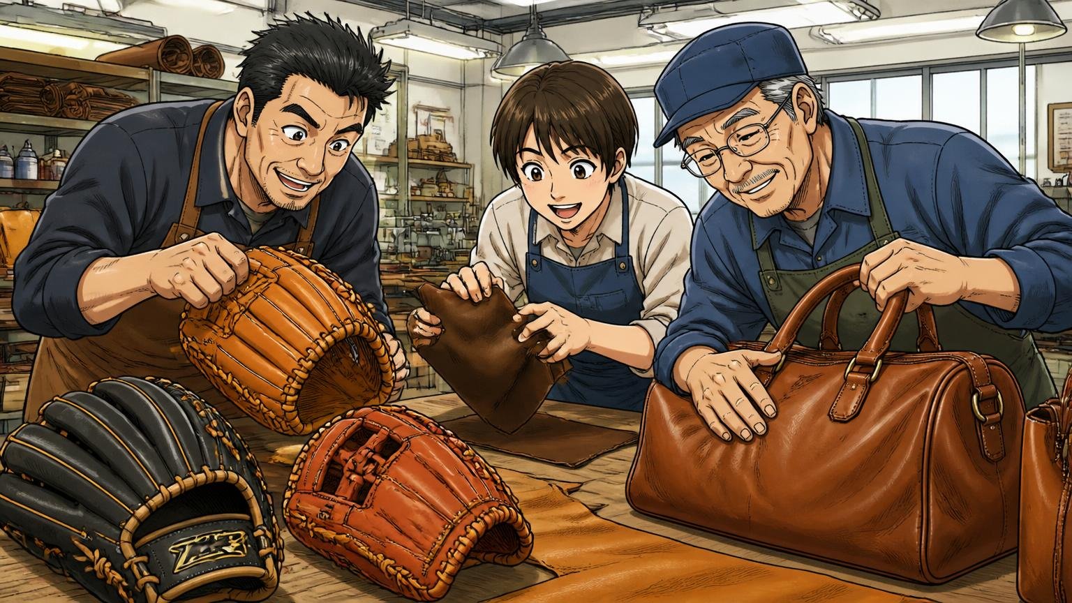 1959年創業、世界のグラブを手がけるメーカーが母体 工場の作業台で野球グローブとレザーバッグを並べて革の手ざわりを確かめる職人3人
