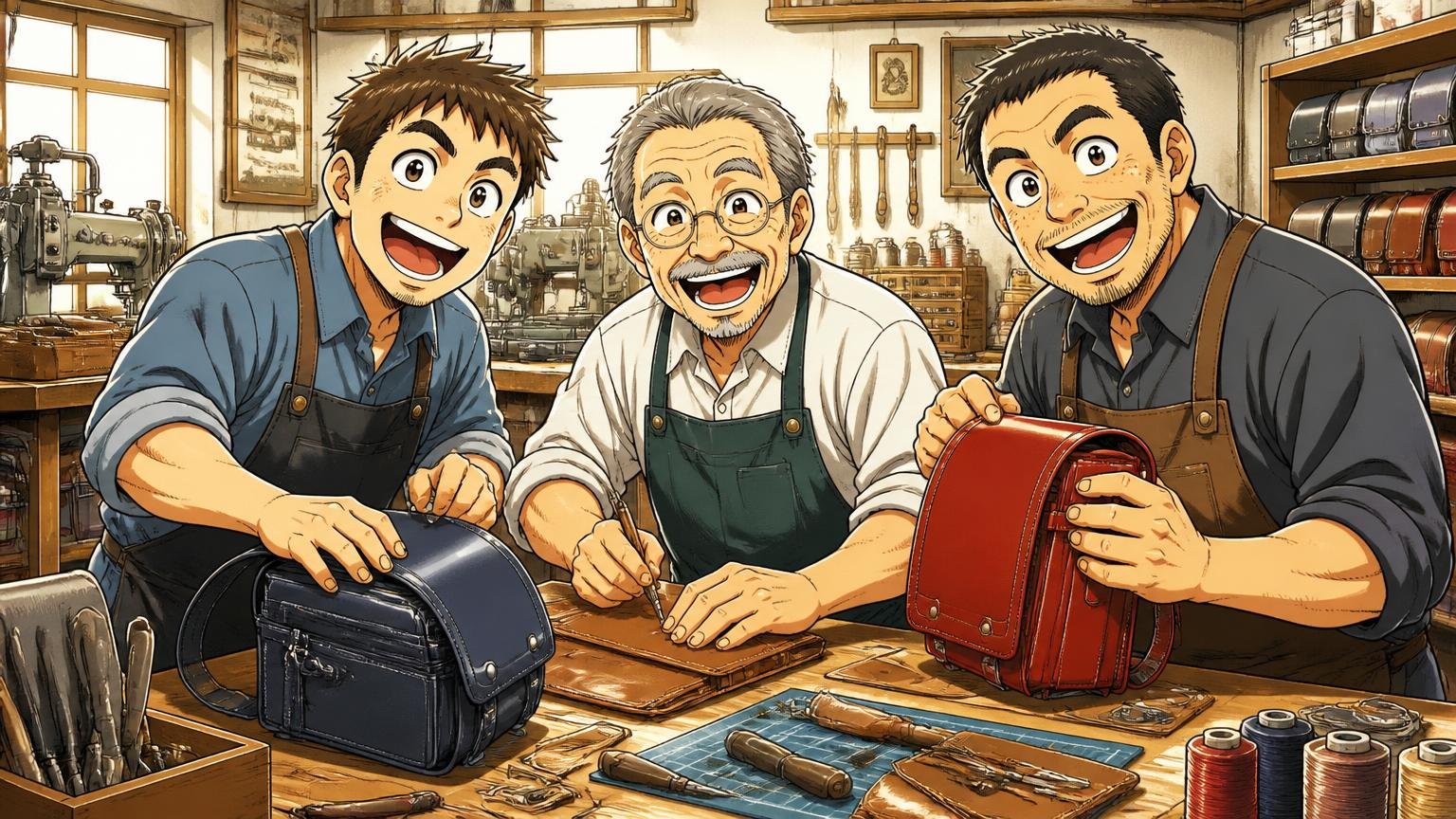 1965年のランドセル工房から始まり2025年に創業60周年。下町の革工房で作業台に向かう職人3人が誇らしげに笑う場面