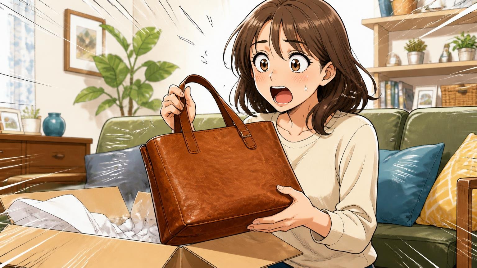 届いた直後の声は「ワキシングレザーの第一印象」への戸惑いが多い、自宅のリビングで新品の革バッグを手に驚く女性1人の場面