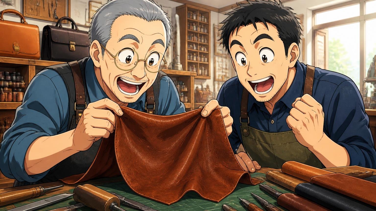 運営は1894年創業の「青木鞄」。業界団体にも加盟する老舗 鞄工房の作業台で職人が革を手に取り目を輝かせる場面 職人2人
