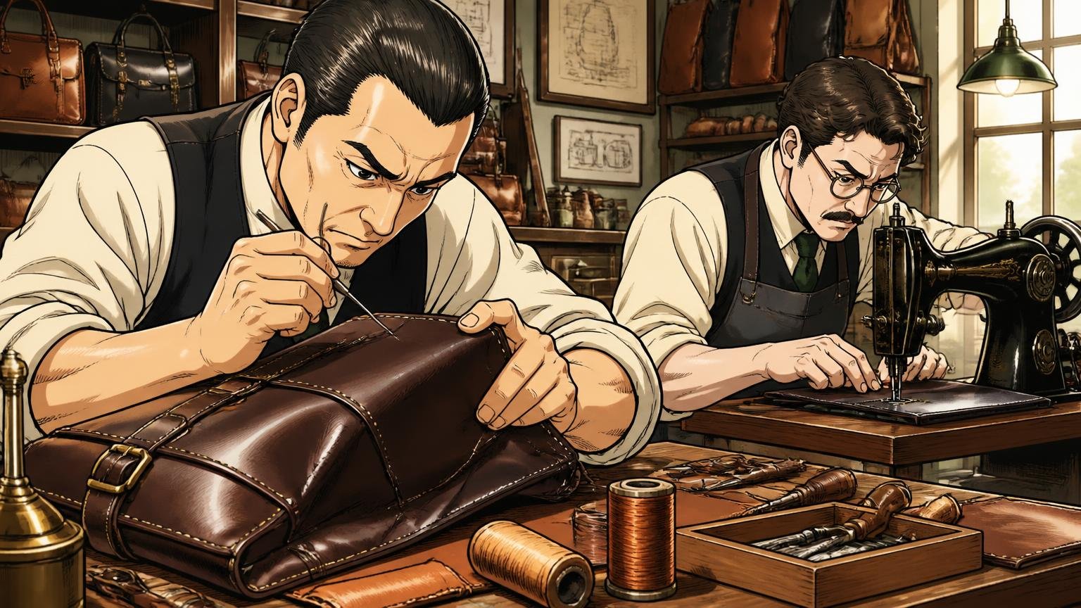 1894年創業、2度の焼失から立て直した紳士鞄の老舗 昔ながらの鞄工房で革を縫う職人2人 真剣な表情