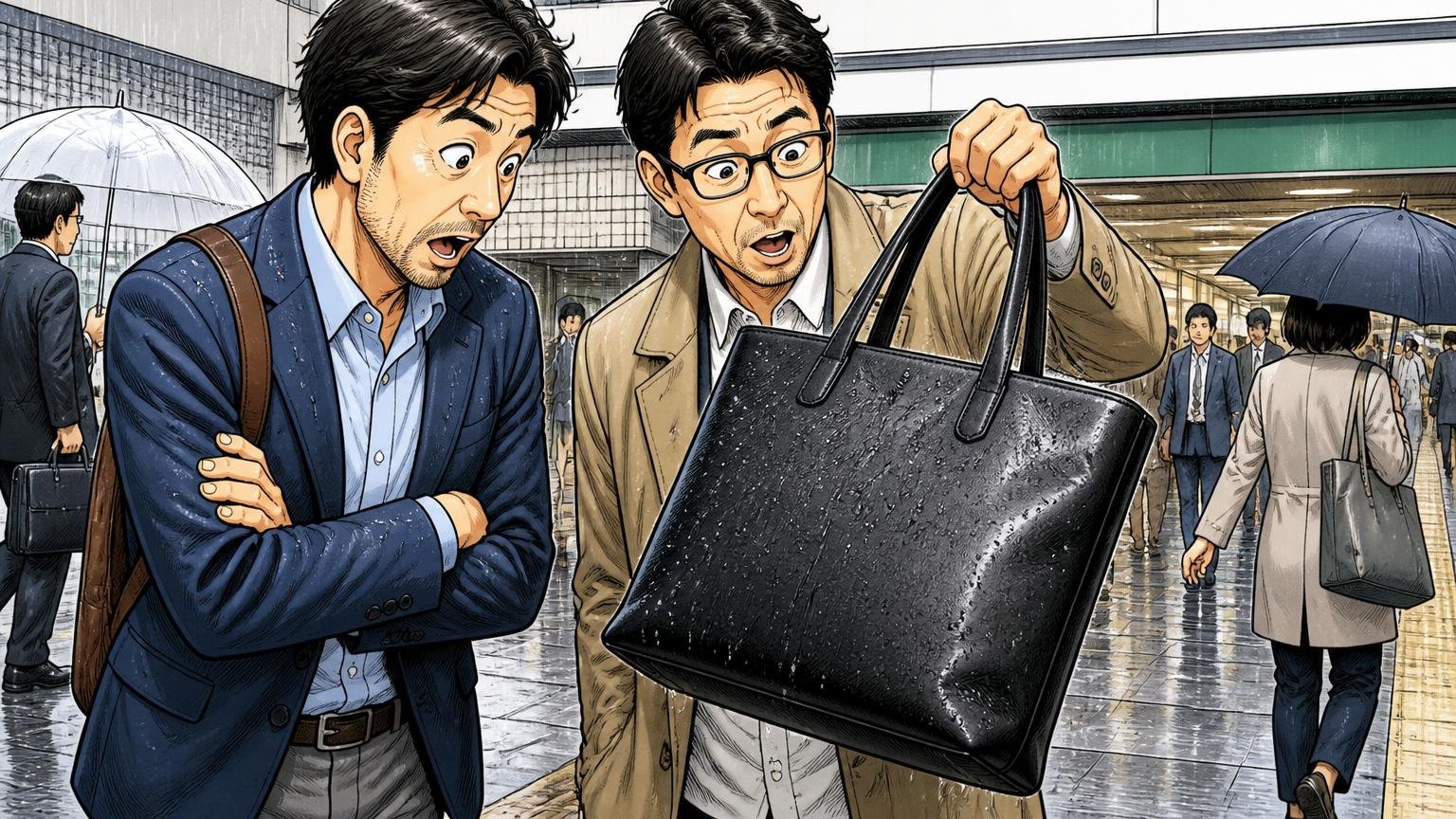 Urbanシリーズ|日本製の防水レザーで、雨や傷に強いと評判 雨の日の駅前で、水を弾く革トートを見て感心する40代男性2人