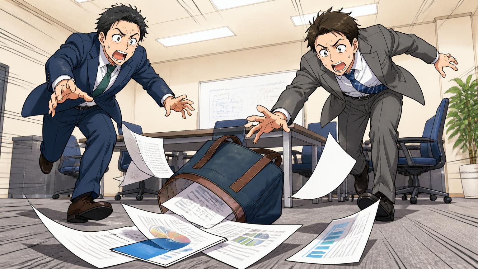 くたっと自立せず、床で倒れる 会議室の床でトートが倒れて書類が飛び出す場面 男性2人 慌てて手を伸ばす