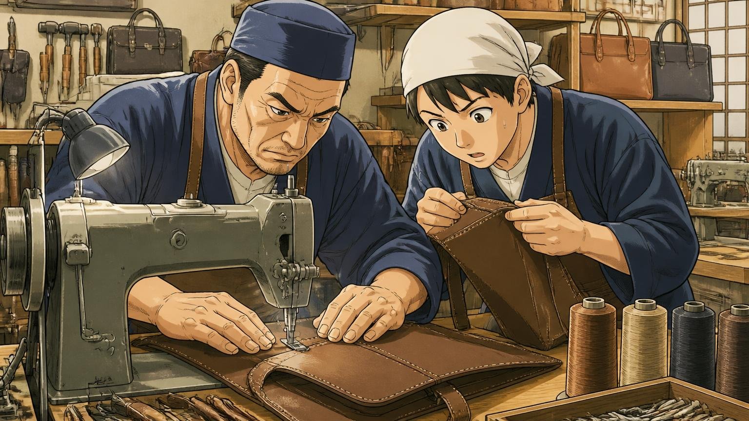 1935年創業「一針入魂」とメイドインジャパン。国内の鞄工房でミシンに向かう職人と、縫い目を真剣に確かめる見習い職人の2人