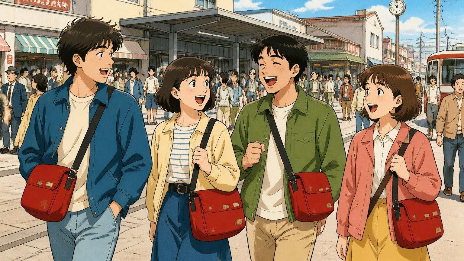 1984年に生まれた吉田カバンのもう一つの自社ブランド 昭和の駅前で若者たちが赤いタグのショルダーバッグを肩に掛けて歩く場面 20代の男女4人が笑顔で談笑する