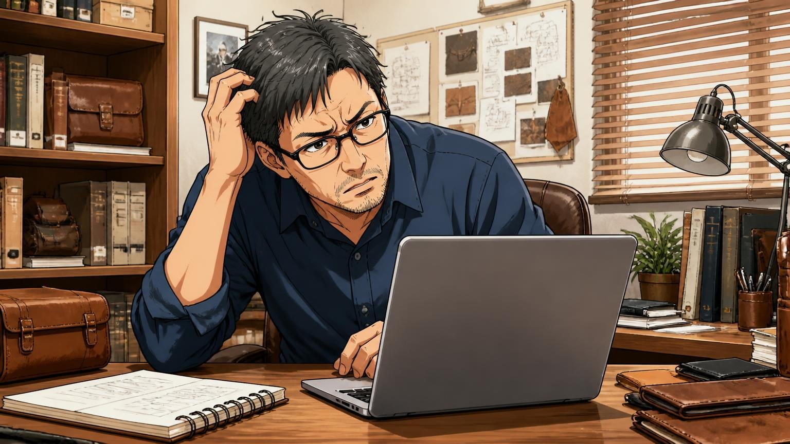 2006年デビューのレザーブランド、ただし公式サイトは確認できず 自宅の書斎でノートパソコンの画面を見て首をかしげる40代男性1人の場面