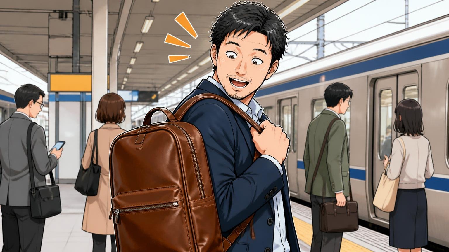 革なのに軽くて、一日背負っても疲れにくい|通勤途中の駅のホームで革のリュックを背負った40代男性が軽さに驚く場面
