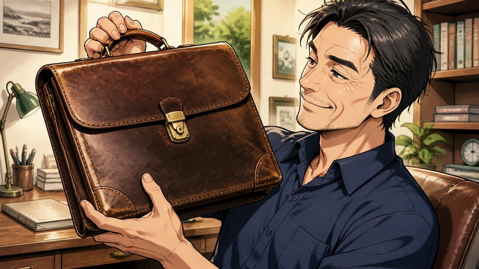 5年・7年使っても「へたらない」「価格に見合う」という声 自宅の書斎で使い込んだ革のブリーフケースを手に取る40代男性1人が誇らしげに笑う場面