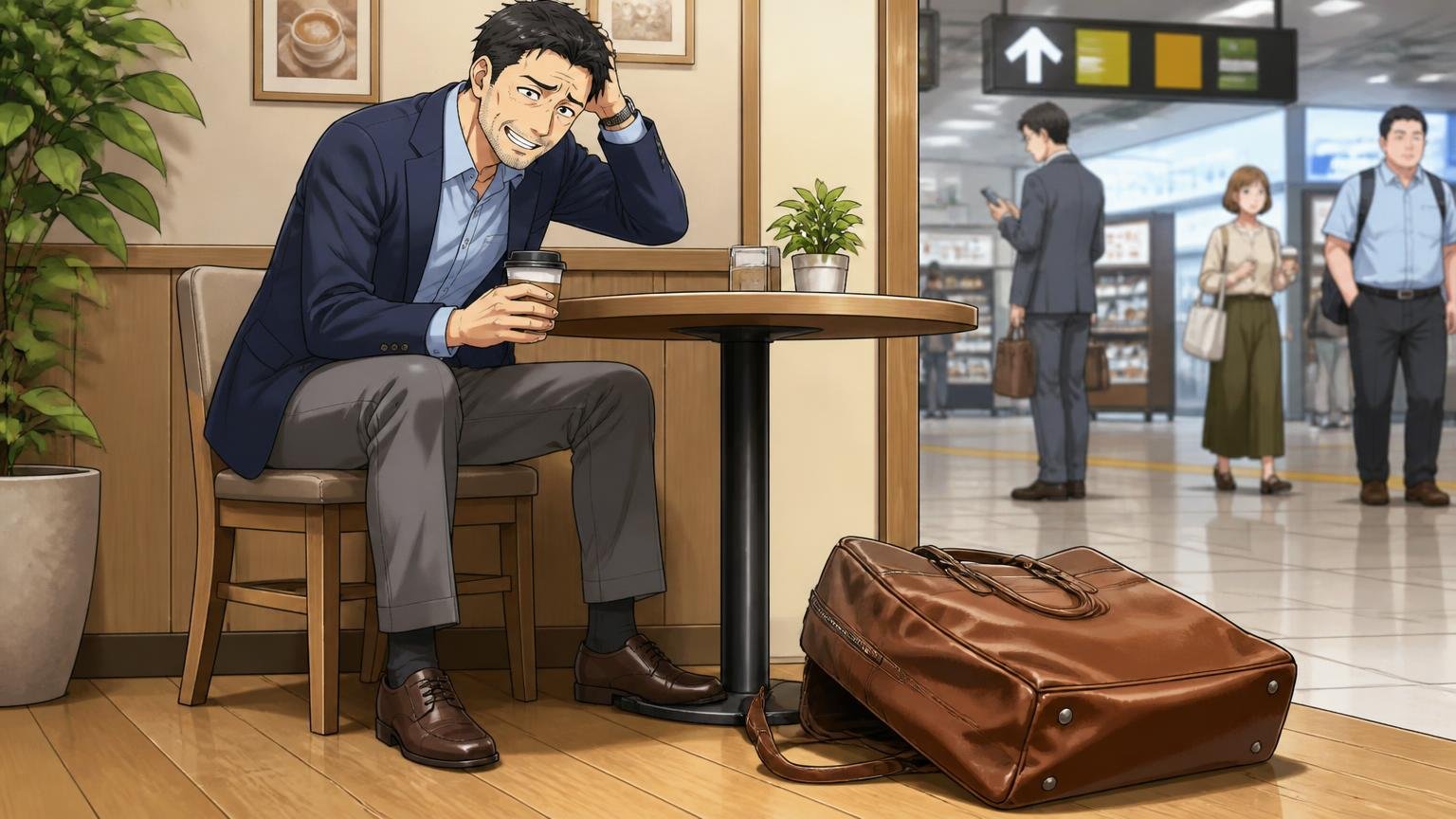 柔らかい革の風合いは魅力であり、自立には不利、駅のカフェで柔らかい革のバッグを床に置き、横に倒れたバッグを見て40代の男性が苦笑いする場面