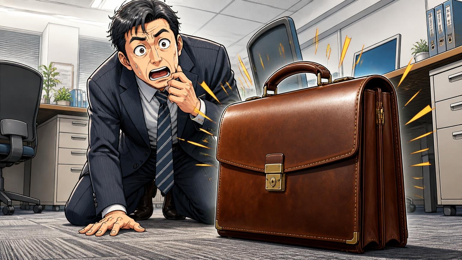 革が堅牢で何年使っても型崩れしない。オフィスの床に置いた革のブリーフケースを見て驚く40代男性1人