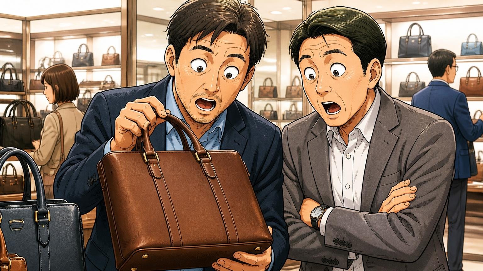 「百貨店なら10万円以上に見える」価格以上の作り 百貨店の鞄売り場で革バッグを見比べる場面 40代男性2人が驚いて目を見開く