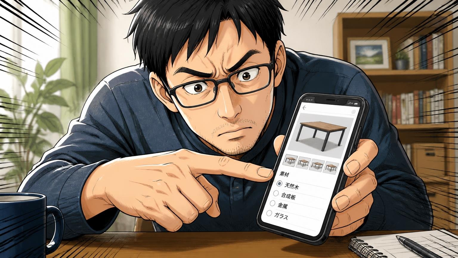 視点①その口コミは「どの素材のモデル」の声か　自宅の机でスマホの商品ページの素材欄を指さして確認する40代男性1人の真剣な場面