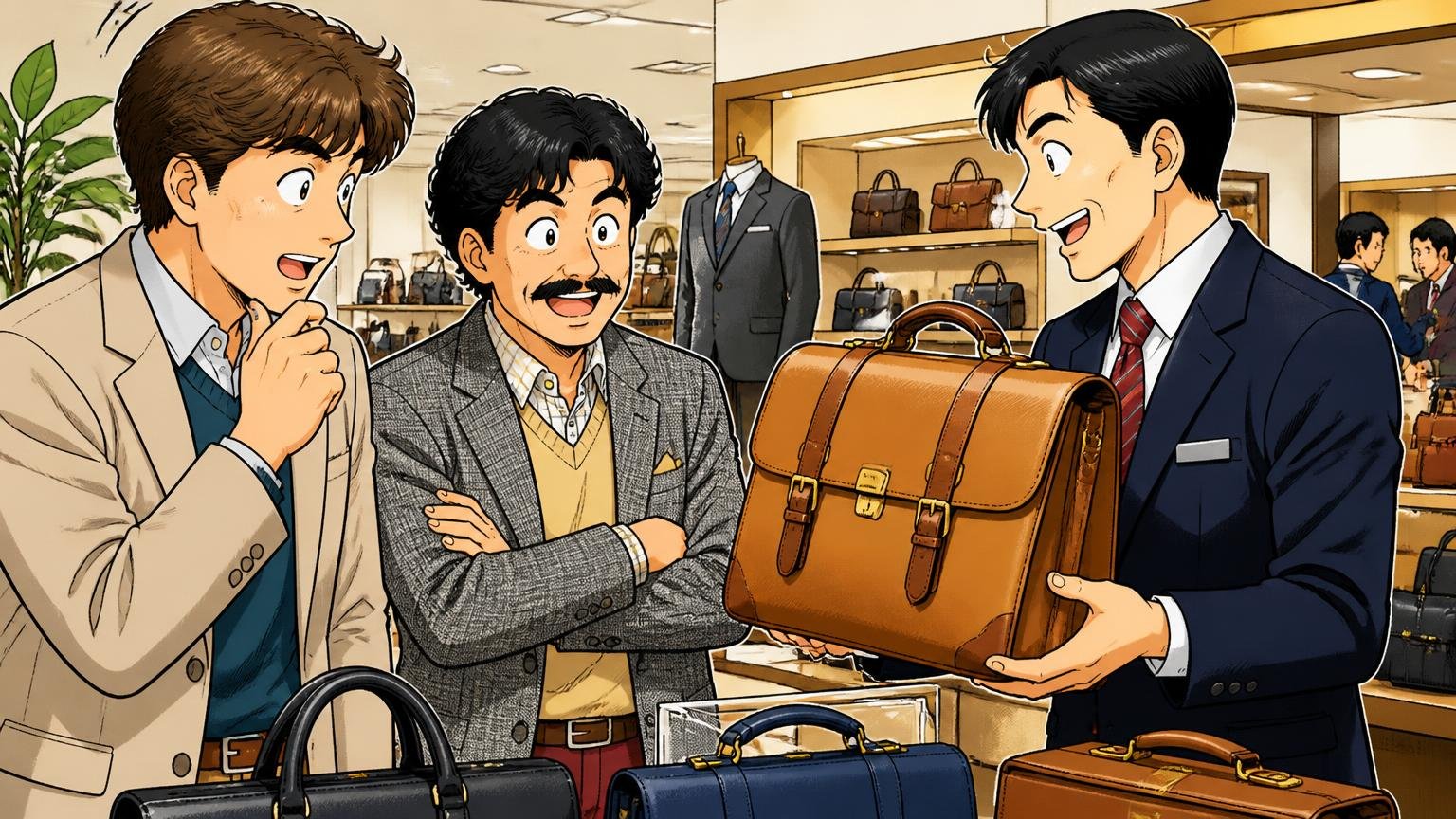 1984年発表、ワールドグループが展開する老舗アパレルブランド 百貨店のメンズ売り場で鞄を手に取り話す店員と男性客2人