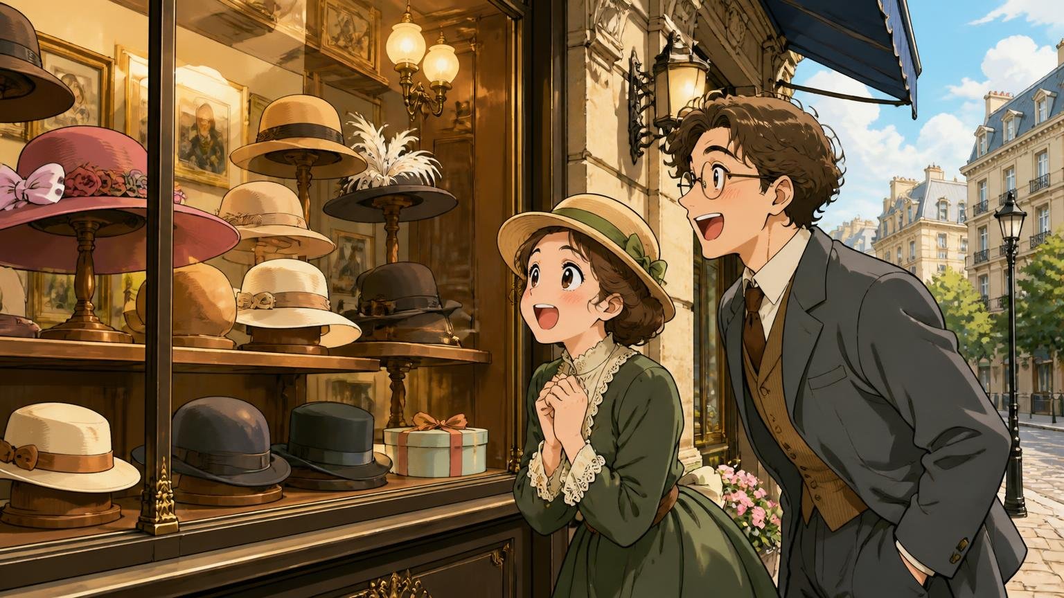 原点は1889年にパリで開業した老舗メゾン 歴史ある洋館の帽子店の前でショーウィンドウを眺める場面 女性1人と男性1人がうっとりする