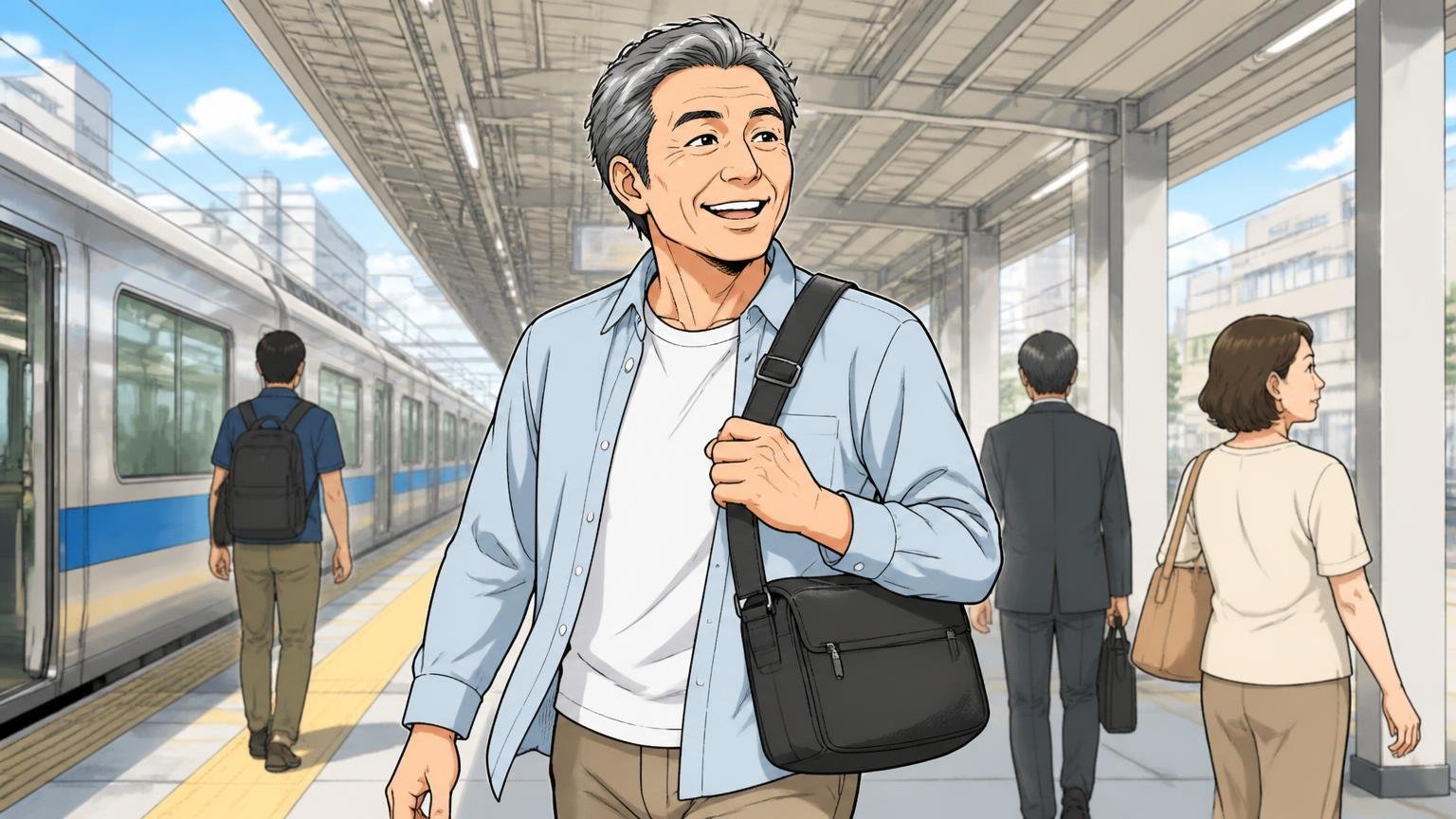 「なにより軽い」軽さと使い勝手を評価する声が最も多い 駅のホームで軽いショルダーバッグを肩にかけ笑顔で歩き出す50代男性1人