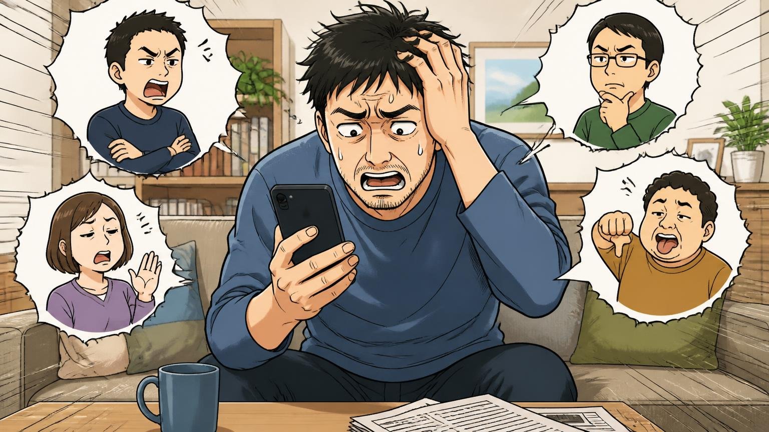 「ダサい」という声は確かにある、自宅のリビングでスマホの口コミを読んだ40代男性が思わず頭を抱える場面