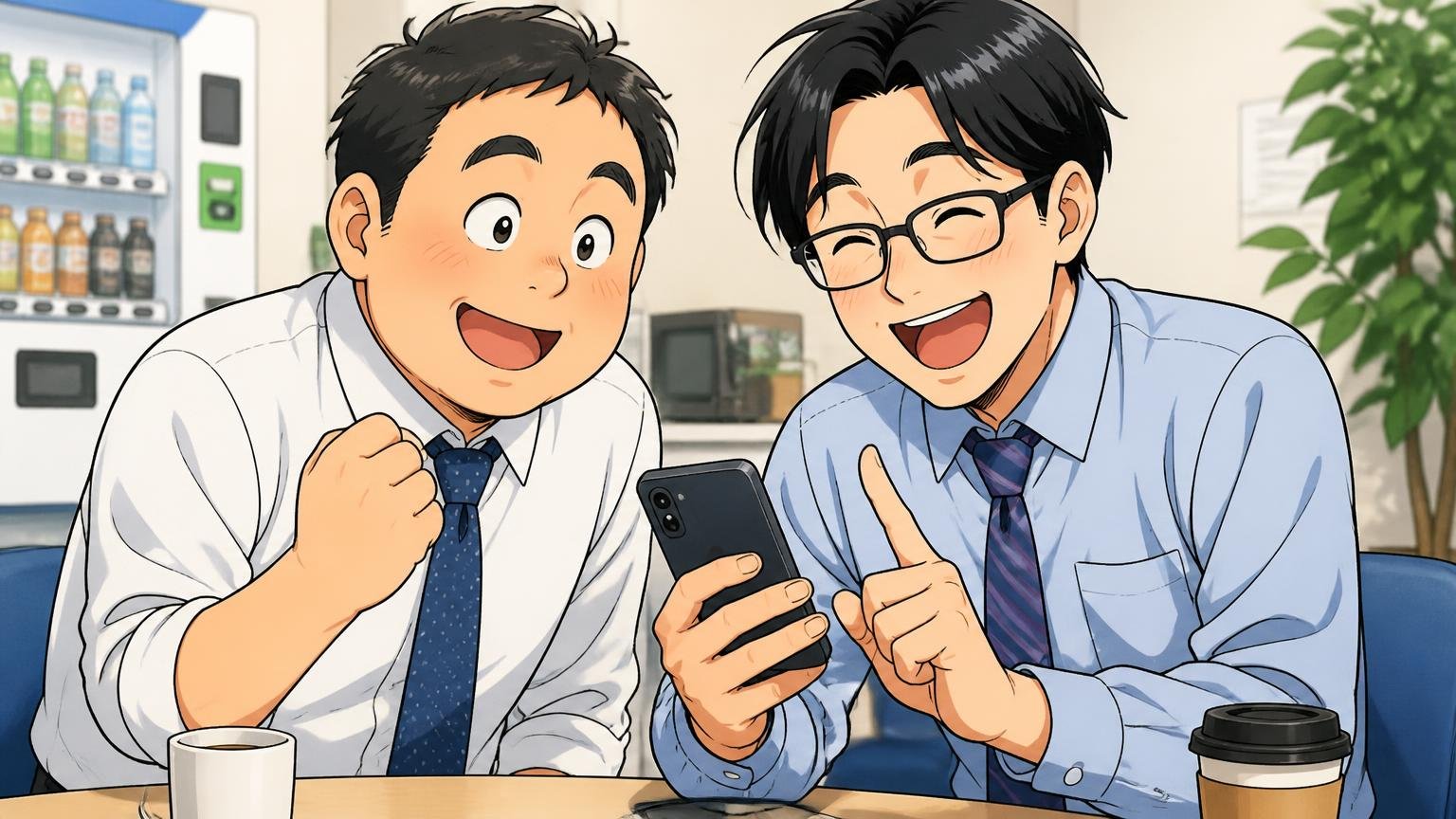 「おじさん臭い?」「安っぽい?」と不安がる質問への答えは「問題ない」 オフィスの休憩室でスマホの知恵袋を読みながら安心して笑う会社員の場面、2人