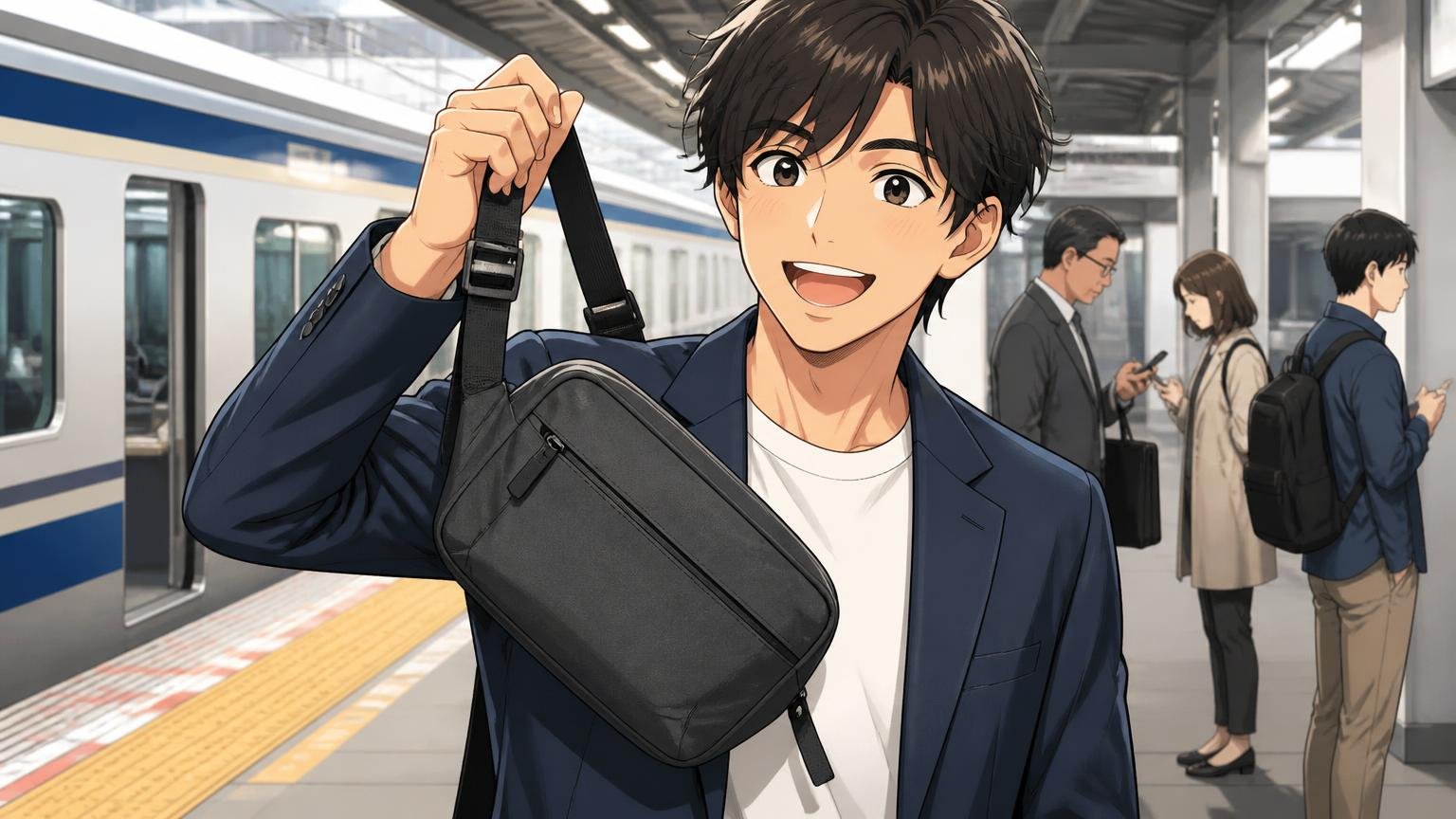 「0.4kgで肩が疲れない」軽さを評価する声 通勤電車のホームで軽いクロスボディバッグを片手で持ち上げ笑う男性1人の場面