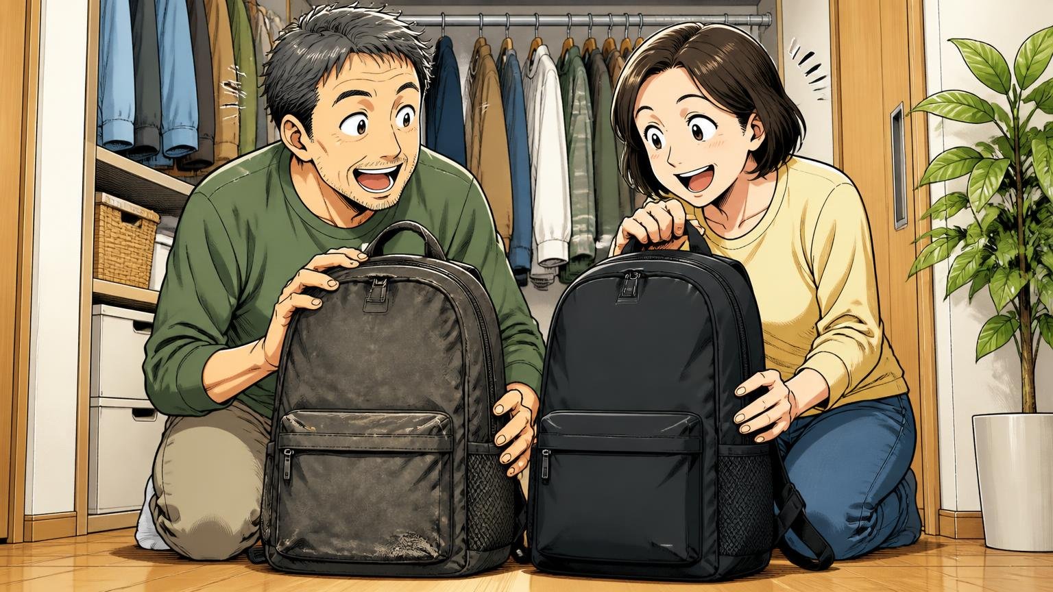 3年・8年使って、同じリュックを買い直す人もいる自宅のクローゼットの前で使い込んだリュックと新品を並べる50代夫婦2人が笑顔になる場面