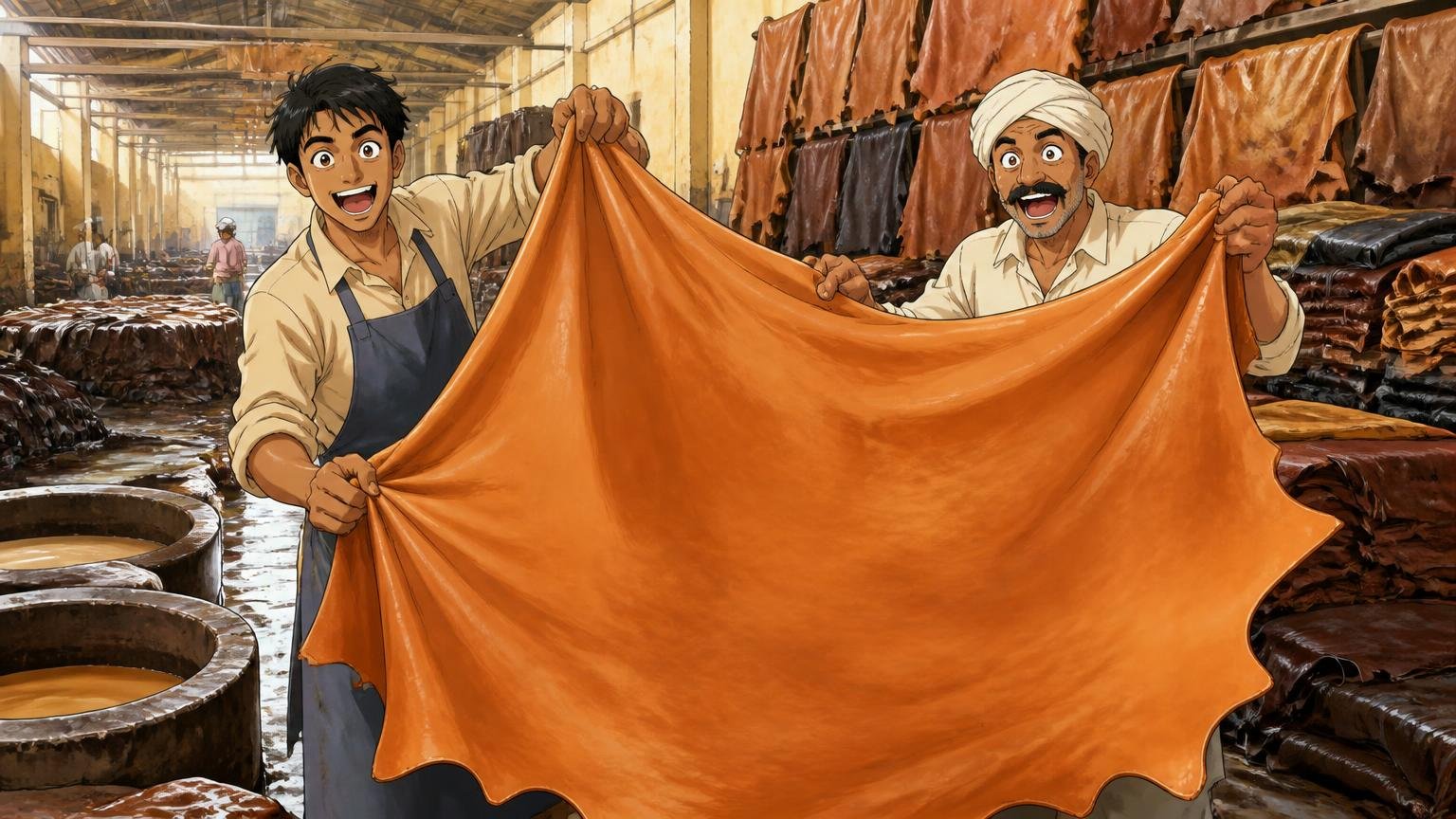 アメリカ・ミルウォーキー発、インドの老舗タンナーの革で作るブランド｜革なめし工場で職人2人が大きな革を広げて見せる場面
