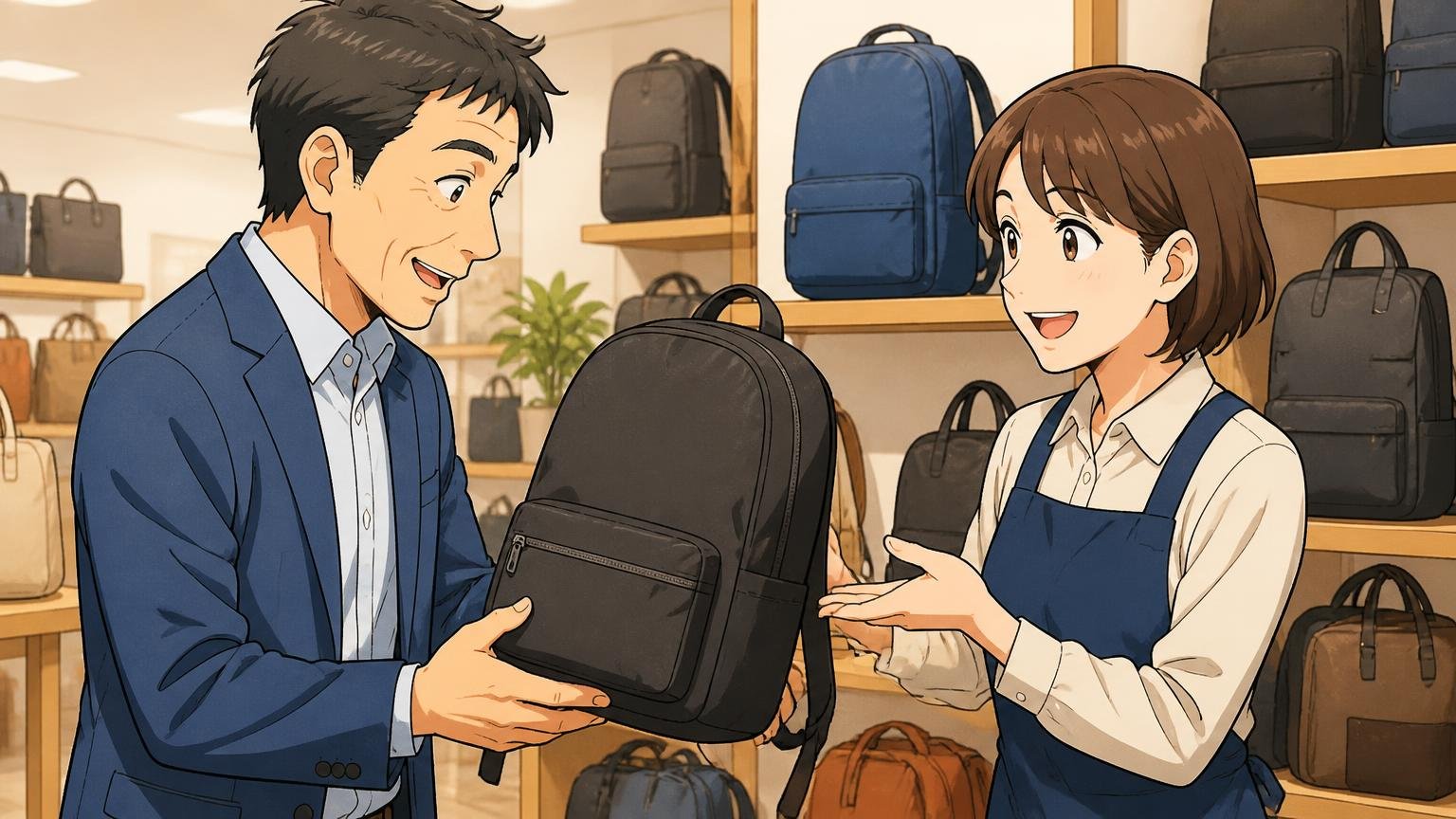 大阪の株式会社BATONが運営し、製品はすべて日本製、バッグ店の店頭で棚のリュックを手に取る40代男性と女性店員の2人が笑顔で話す場面
