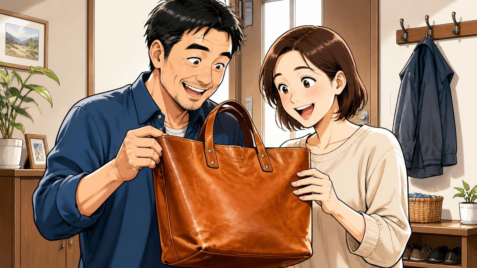 6年使って良い味が出た縫製と造りへの信頼 自宅の玄関で飴色に育った革のトートを手に取る40代夫婦2人が笑顔で眺める場面