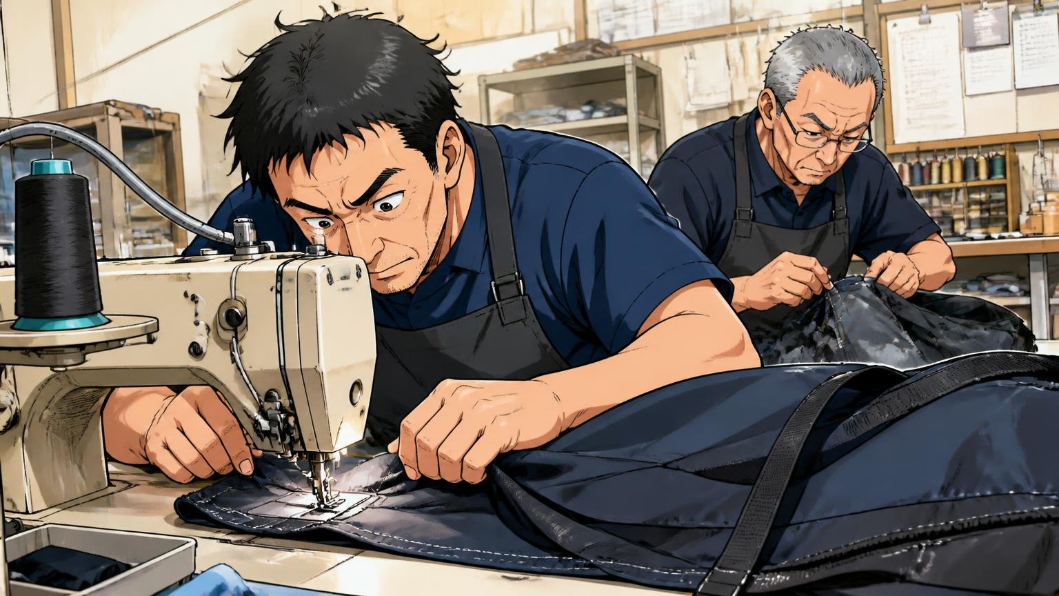 大阪の株式会社BATONが手がける「全製品日本製」のブランド 鞄工場の作業台でナイロン生地を縫い合わせる職人2人