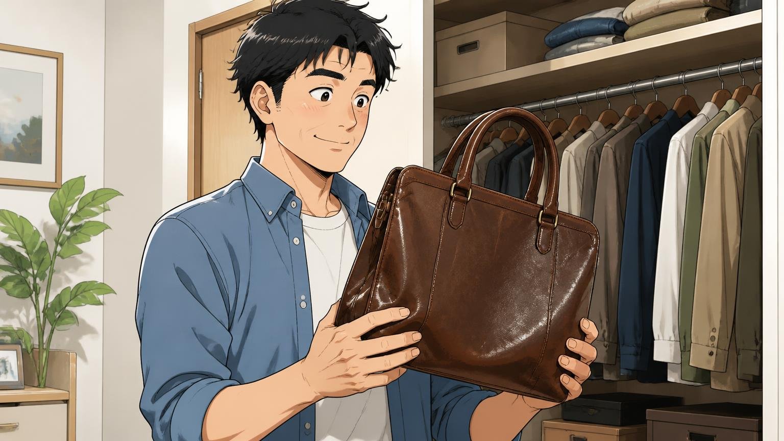 「5年以上たってもきれい」という長く使った人の声 自宅のクローゼットの前で5年使った革バッグを手に取る男性が満足げに微笑む場面