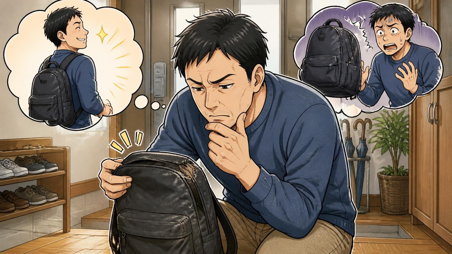 「7年持った」と「3年で破れた」が両立する理由 自宅の玄関で使い込んだリュックの角を見つめる40代男性1人が考え込む場面