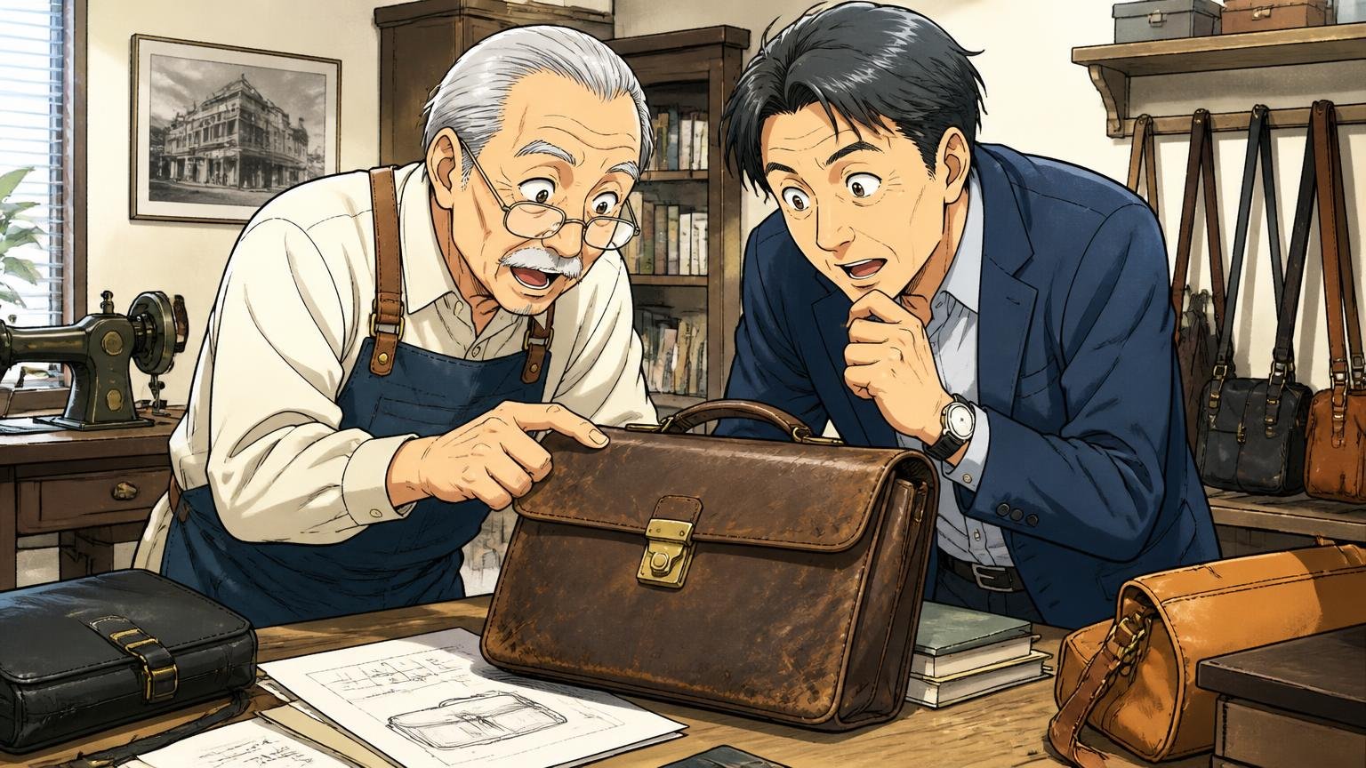 運営は1941年創業の鞄会社イケテイ 老舗の鞄会社の事務所で年配の職人と40代男性が古い鞄を眺める場面