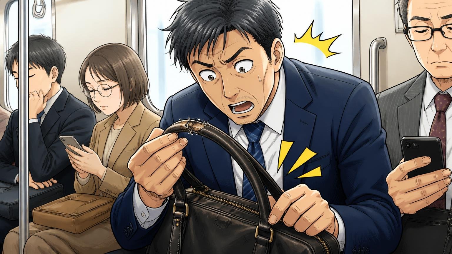 2年目に出やすいのは「持ち手のコバ」と「ファスナーの引き手」　通勤電車の座席で40代男性が膝の上のバッグの持ち手の傷みに気づいて驚く場面