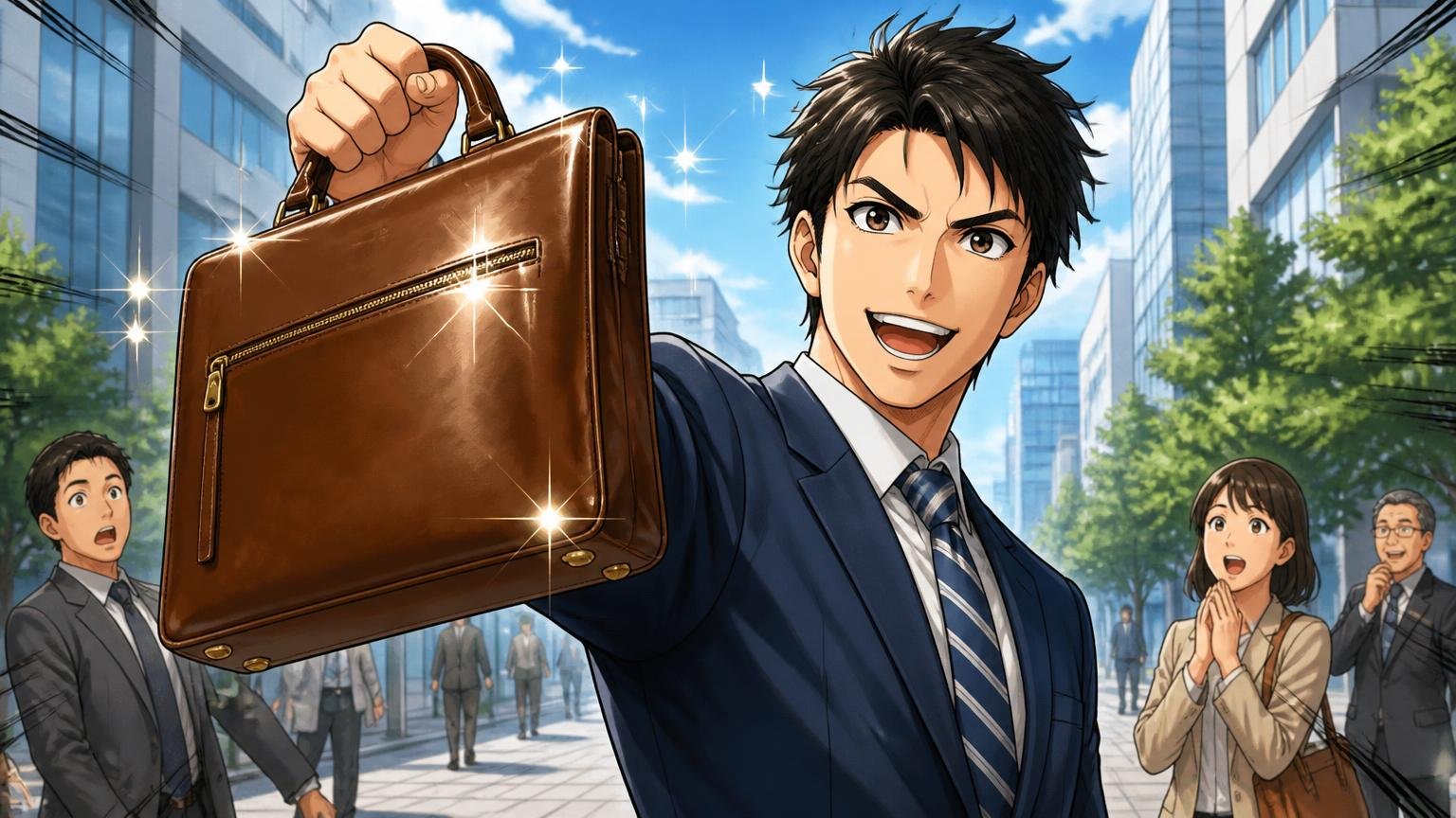 「5年以上営業で使い、修理で元より強く戻ってきた」、営業先へ向かう歩道で革のビジネスバッグを誇らしげに掲げる男性1人