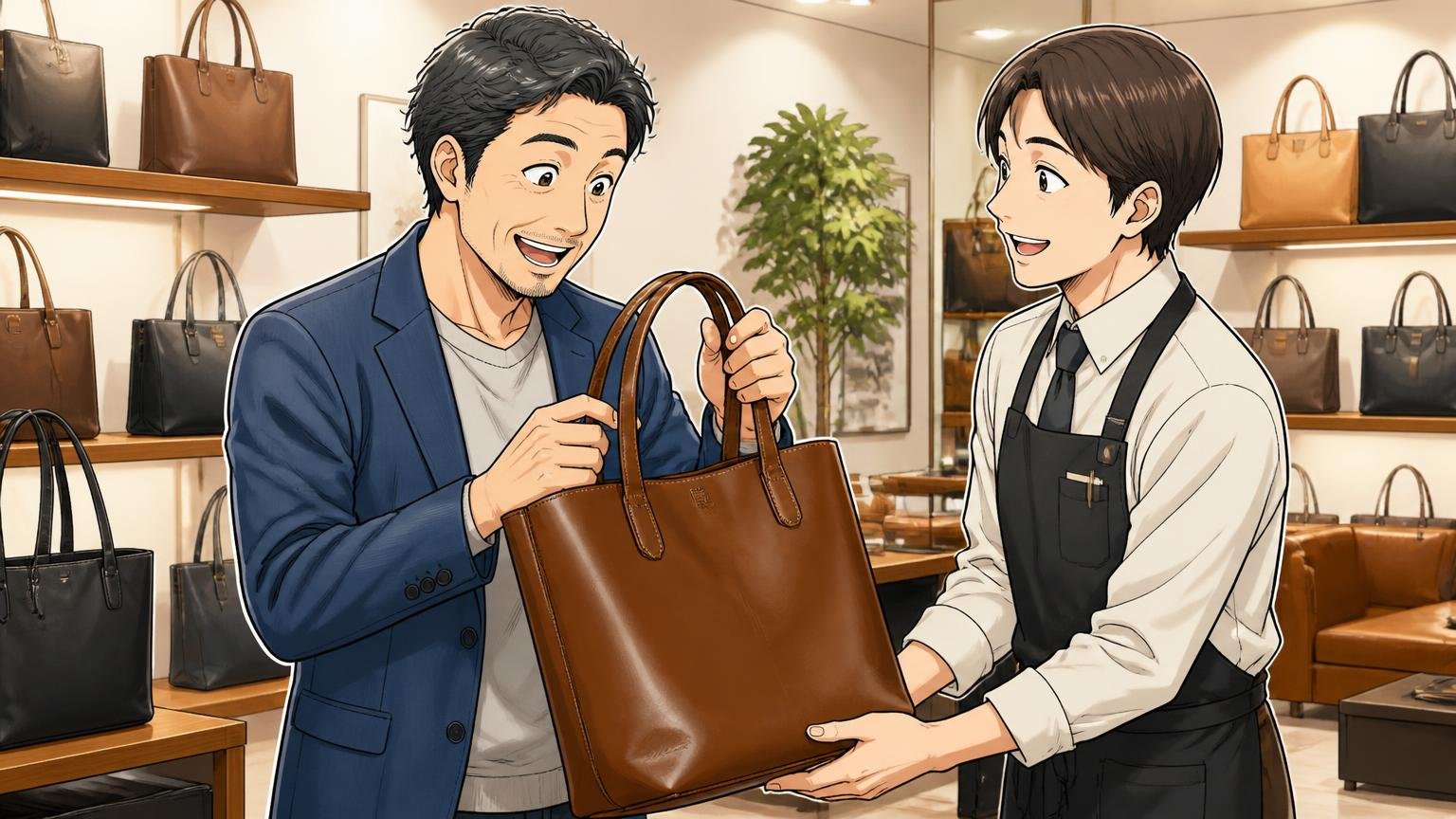 公式のメリット：品揃え・1年無償修理保証・当日発送・ショールーム ショールームで店員から革トートを手渡され持ち手を確かめ笑う40代男性と店員の2人