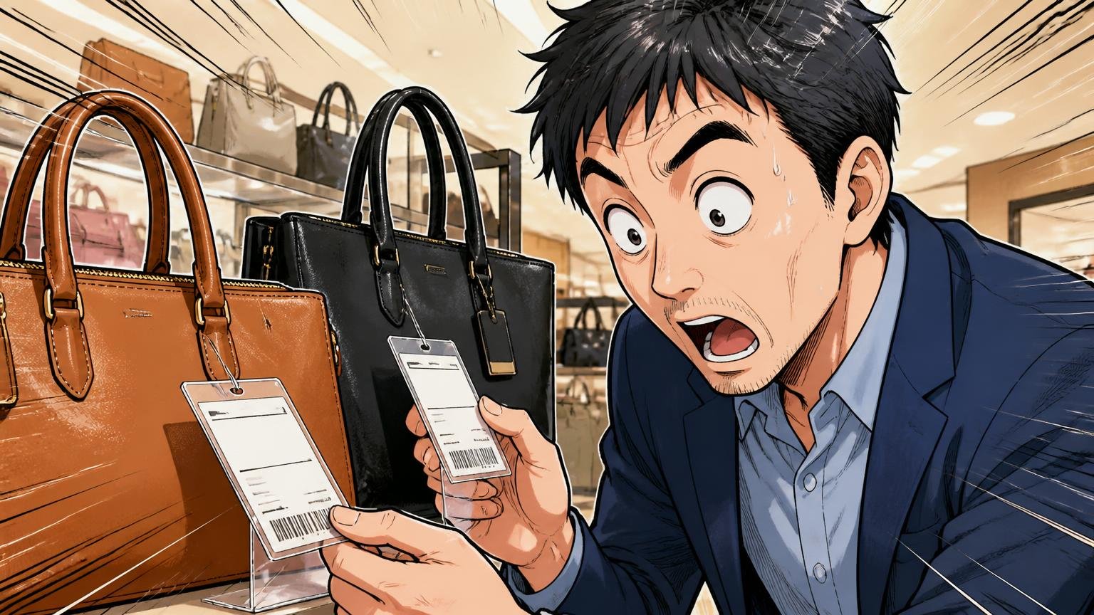 国産でこの価格、コスパを語る声が一致。百貨店のバッグ売り場で値札を見比べる40代男性が目を見開いて驚く場面