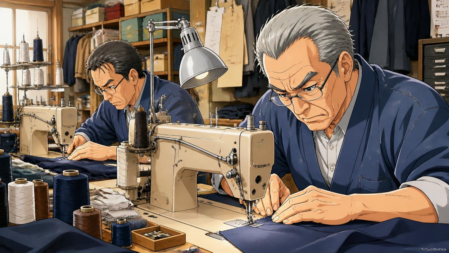 1935年創業、「一針入魂」の精神で国内の職人がつくる老舗 下町の縫製工房でベテラン職人2人がミシンを真剣に操る場面