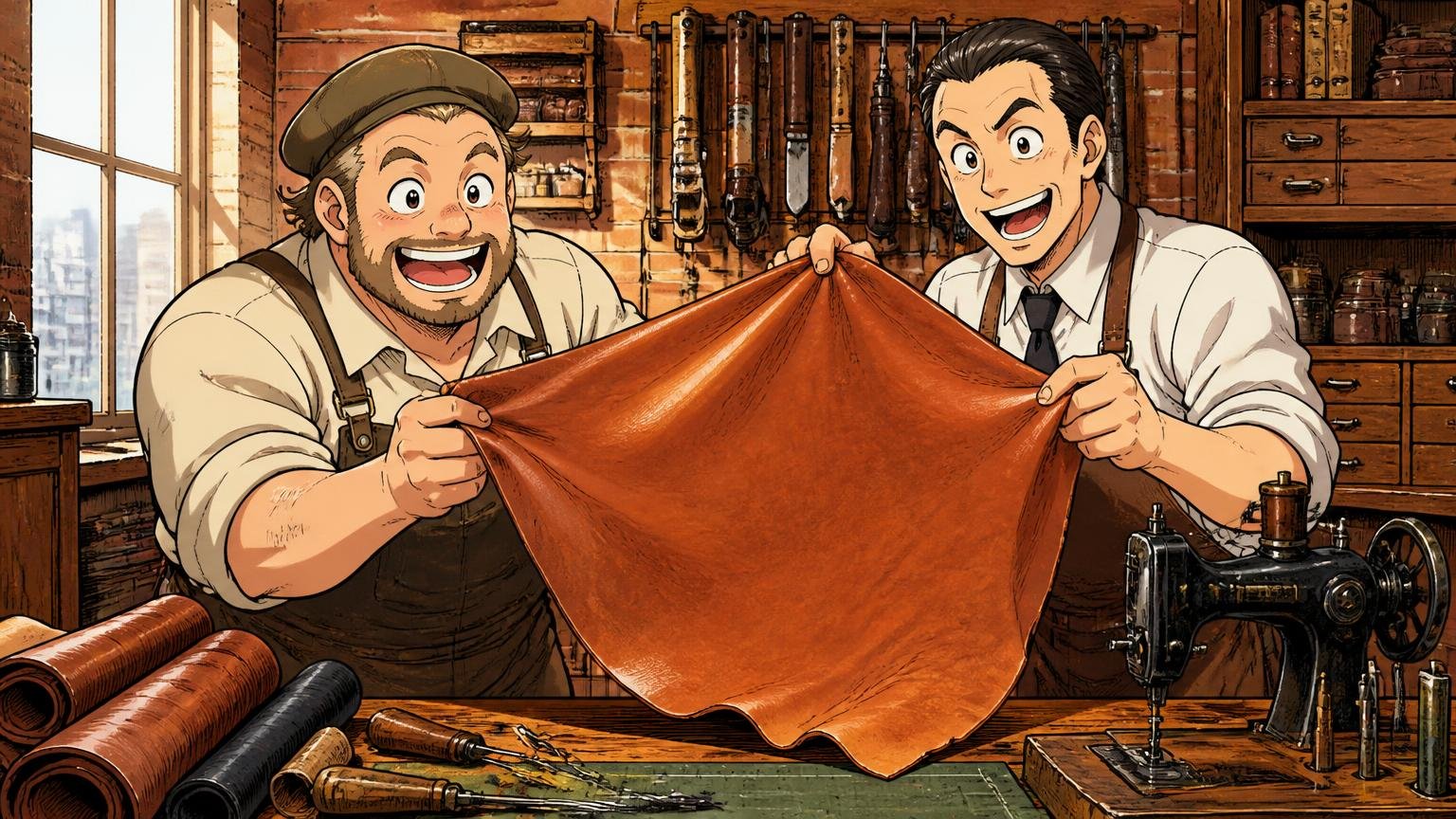 1941年にニューヨークの革工房から始まった、80年以上続くブランド 革工房の作業台で職人2人が革を誇らしげに見せる場面
