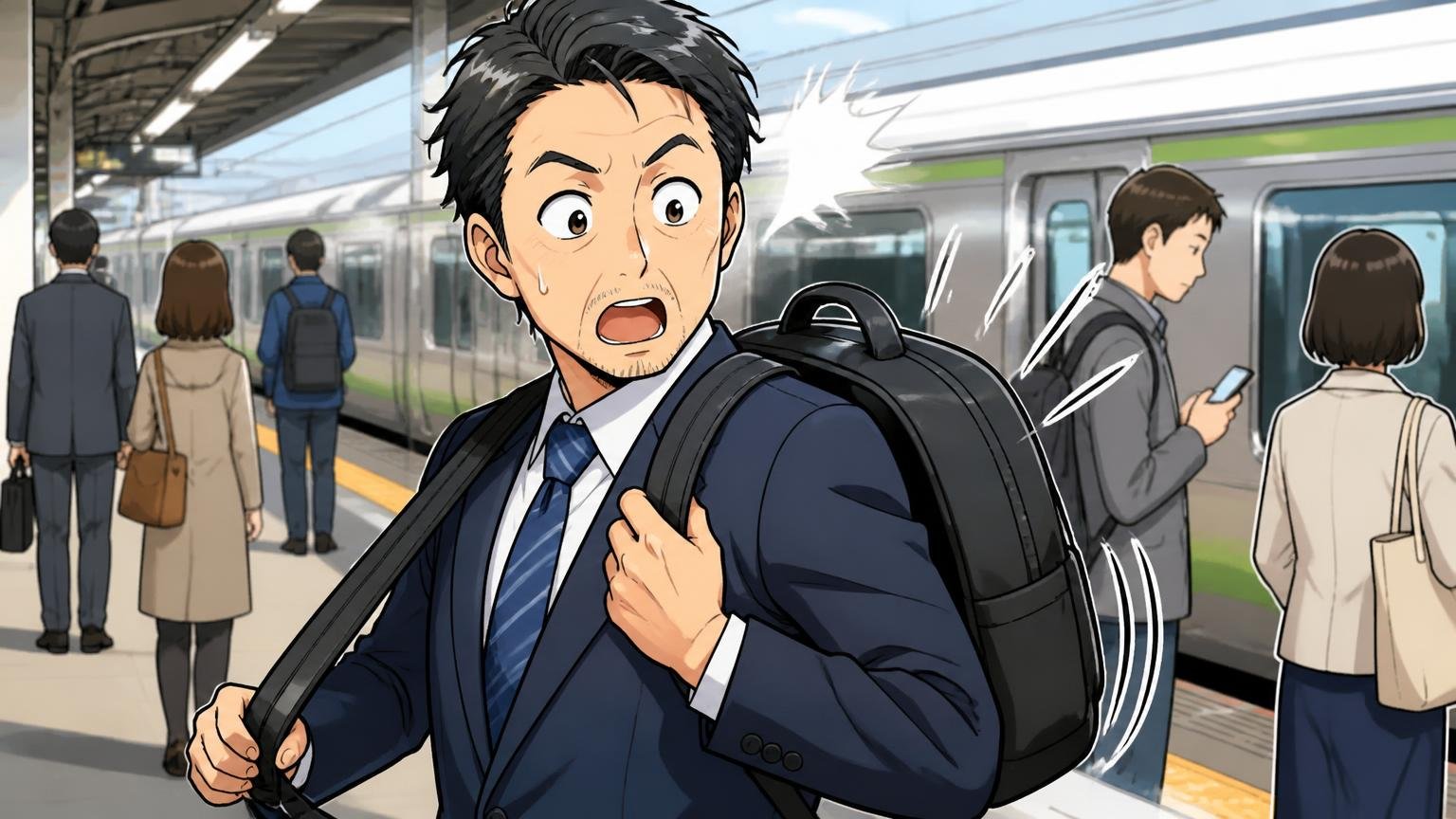 びっくりするくらい軽い通勤リュックへの声 朝の駅のホームでビジネスリュックを背負う場面 40代男性1人 軽さに目を丸くする