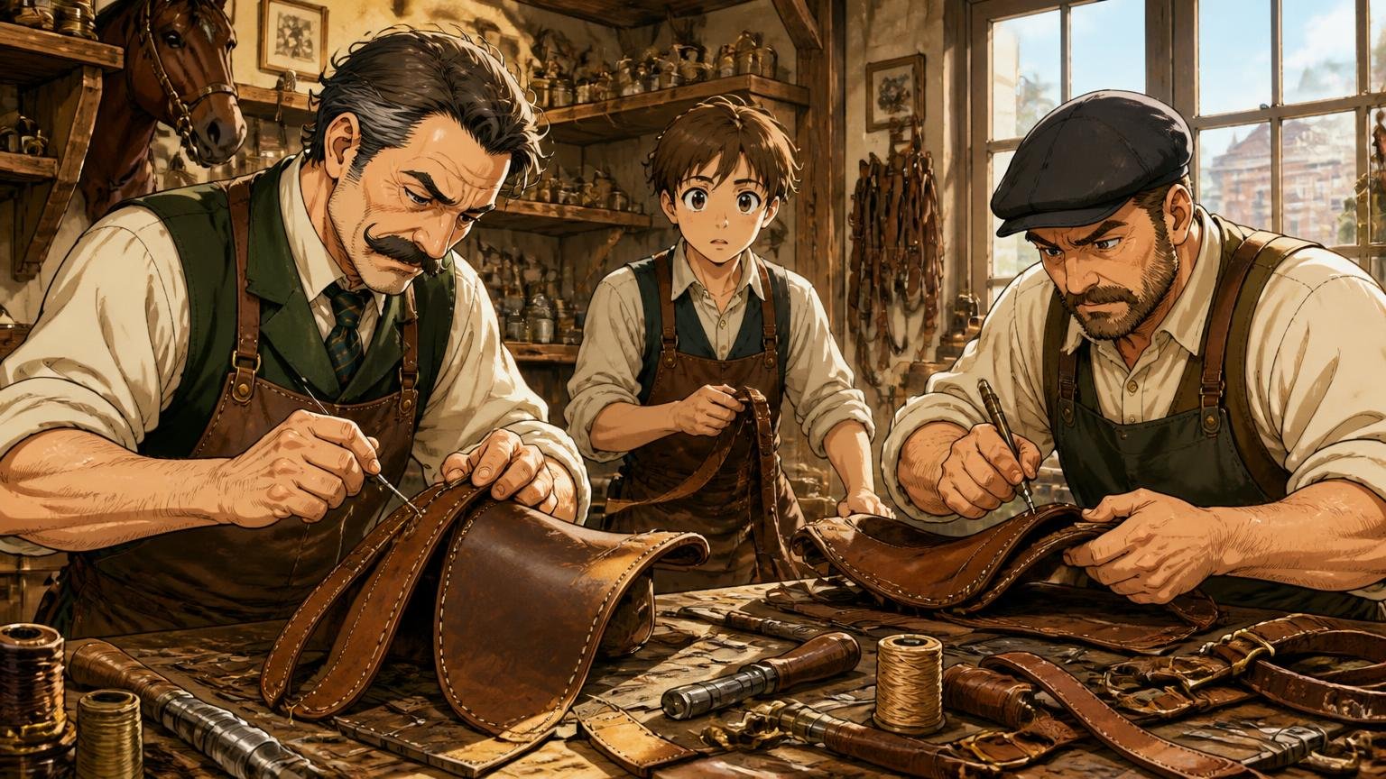 1893年創業、馬具づくりから始まった英国の老舗 古い工房で革の馬具を手縫いする職人2人と見習いの若者1人が作業する場面