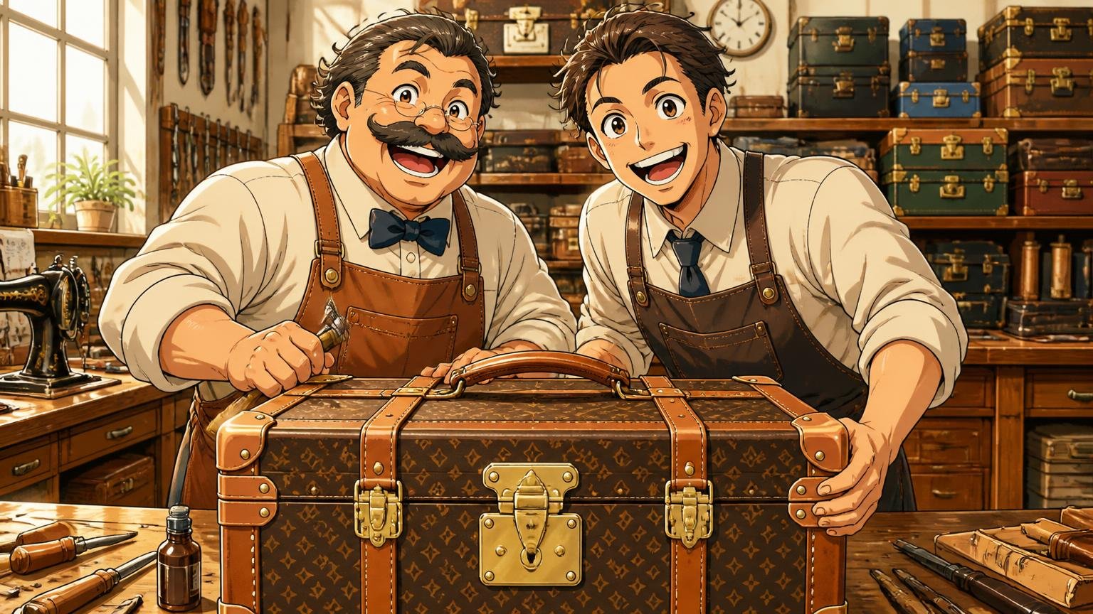 1877年創業、独自素材を生み出してきた老舗の歴史 クラシックな工房で職人2人がトランクを仕上げて誇らしげに笑う場面