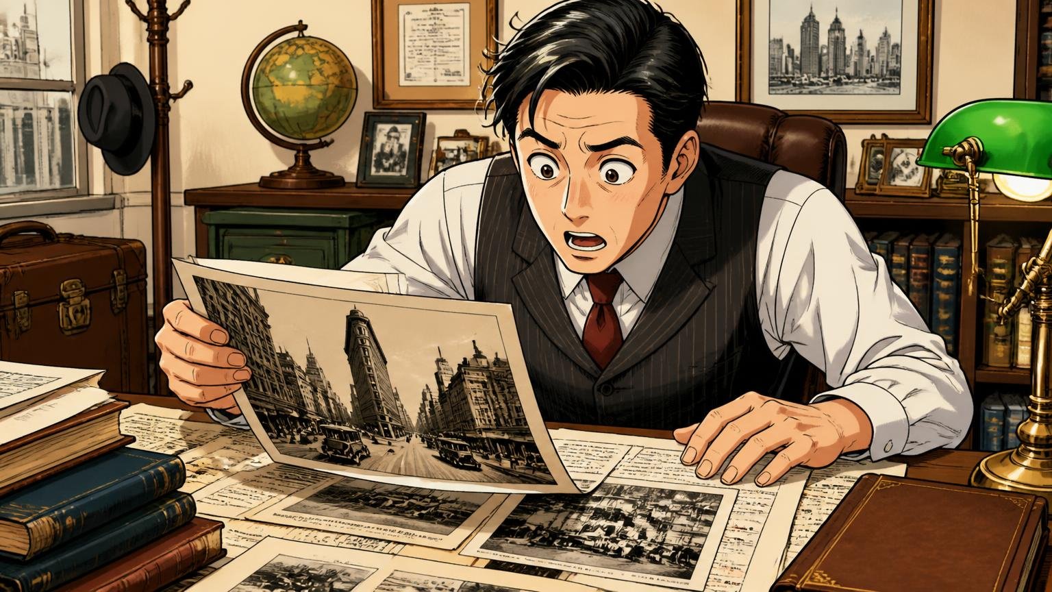 1921年ニューヨーク生まれ、日本では双日グループが商標権を持つブランド 書斎で40代男性がブランドの歴史の資料を広げて目を見開く場面