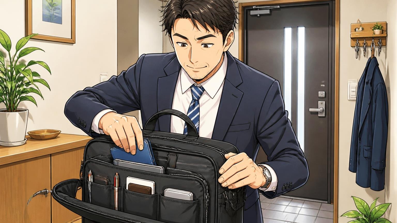 ポケットが多く、毎日の荷物がきれいに収まる 朝の玄関でビジネスバッグのポケットに小物を詰める40代男性1人