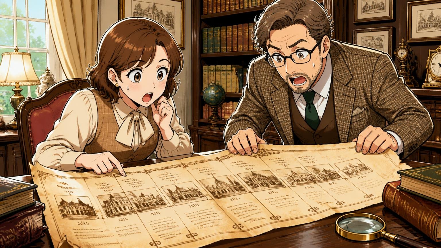 ブランド名の由来はイギリスのインテリアデザイナー 洋風の書斎で年表を広げて驚く30代女性と40代男性の2人
