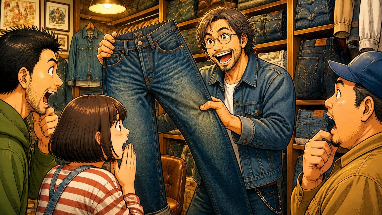 1978年フランス生まれ 日本ではEDWINが商標を管理する正規ブランド 古いデニムショップの店内 店主1人が誇らしげに説明